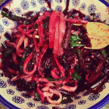 Pasta with beets and brown butter.